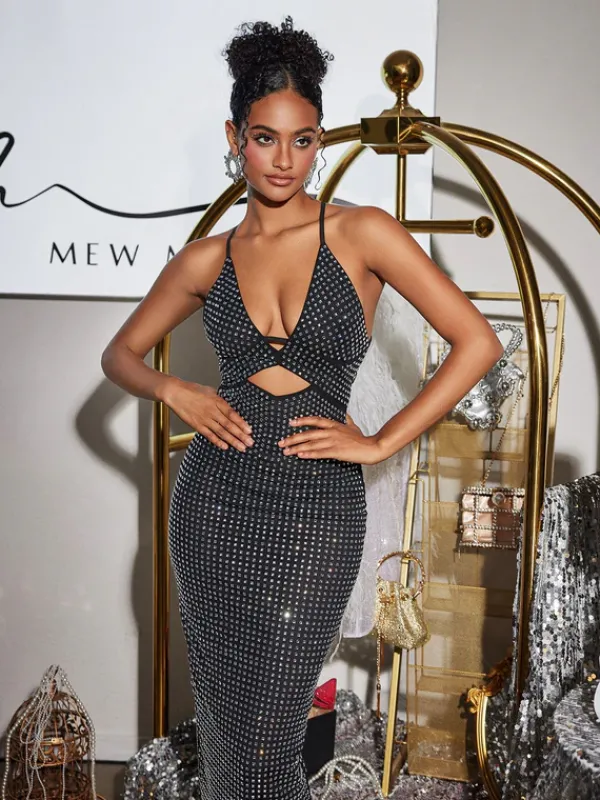 Dresses|Maxi Dresses*Mew Mews Fashion Denali Halterneck Hollow Rhinestone Midi Dress In Black