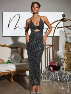 Dresses|Maxi Dresses*Mew Mews Fashion Denali Halterneck Hollow Rhinestone Midi Dress In Black