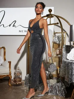 Dresses|Maxi Dresses*Mew Mews Fashion Denali Halterneck Hollow Rhinestone Midi Dress In Black