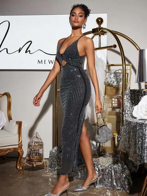 Dresses|Maxi Dresses*Mew Mews Fashion Denali Halterneck Hollow Rhinestone Midi Dress In Black