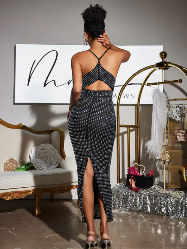Dresses|Maxi Dresses*Mew Mews Fashion Denali Halterneck Hollow Rhinestone Midi Dress In Black