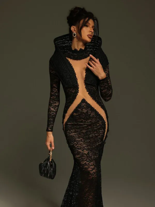 Embellishment|Dresses*Lu Yili Denequa Long Sleeve Cutout Lace Maxi Dress