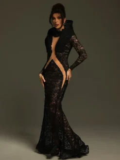 Embellishment|Dresses*Lu Yili Denequa Long Sleeve Cutout Lace Maxi Dress