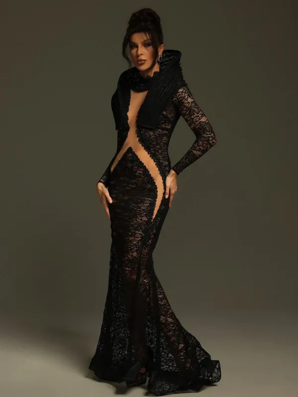 Embellishment|Dresses*Lu Yili Denequa Long Sleeve Cutout Lace Maxi Dress