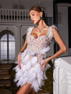 Embellishment|Dresses*Embellishment Derby Pearl Feather Sequin Dress