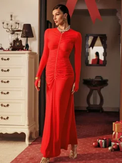 Dresses|Maxi Dresses*Mew Mews Fashion Despo Long Sleeve Pearl Ruched Maxi Dress
