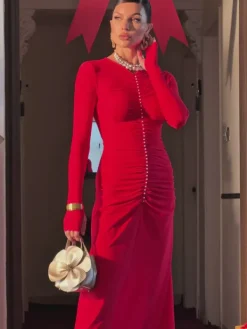 Dresses|Maxi Dresses*Mew Mews Fashion Despo Long Sleeve Pearl Ruched Maxi Dress