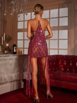 Embellishment|Dresses*Embellishment Diego Rhinestone Fringe Sequin Mini Dress In Hot Pink