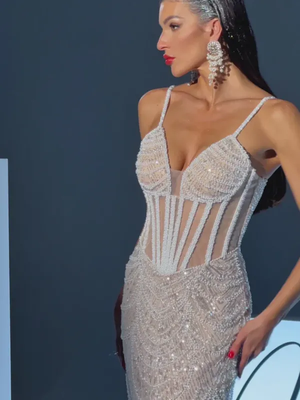 Embellishment|Dresses*Lu Yili Dion Spaghetti Pearl Embellished Sequin Dress