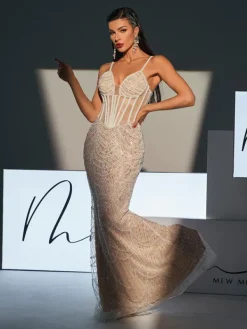 Embellishment|Dresses*Lu Yili Dion Spaghetti Pearl Embellished Sequin Dress