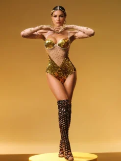 Bodysuits|Tops*W Jia Dorien Spaghetti Rhinestone Bodysuit In Gold