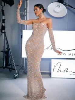 Embellishment|Dresses*Embellishment Douglas Strapless Rhinestone Maxi Dress With Gloves