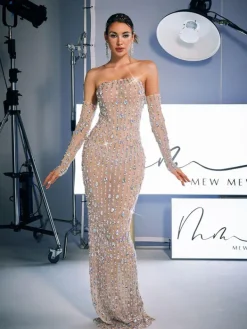 Embellishment|Dresses*Embellishment Douglas Strapless Rhinestone Maxi Dress With Gloves