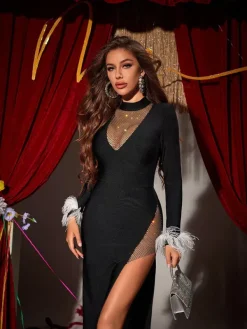 Dresses*Mew Mews Fashion Drusilla Long Sleeve Feather Split Bandage Dress In Black