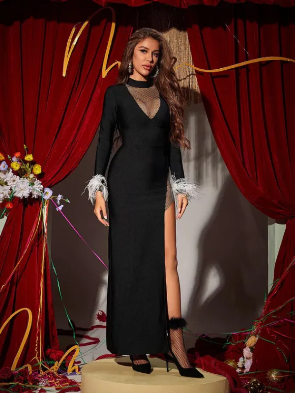 Dresses*Mew Mews Fashion Drusilla Long Sleeve Feather Split Bandage Dress In Black