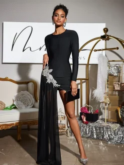 Dresses|Mini Dresses*Bandage Duald Long Sleeve Crystal Dress