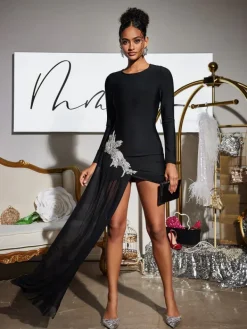 Dresses|Mini Dresses*Bandage Duald Long Sleeve Crystal Dress