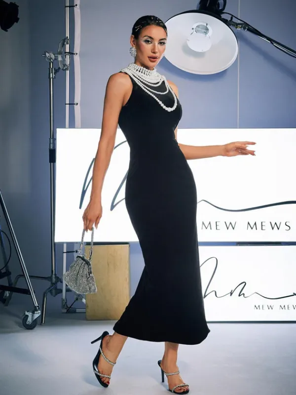 Dresses|Maxi Dresses*Mew Mews Fashion Dustin High Neck Pearl Embellished Maxi Dress