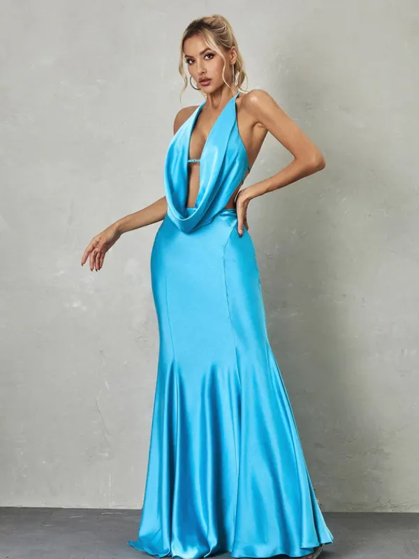 Dresses*Mew Mews Fashion Dymphna Draped Neck Satin Maxi Dress
