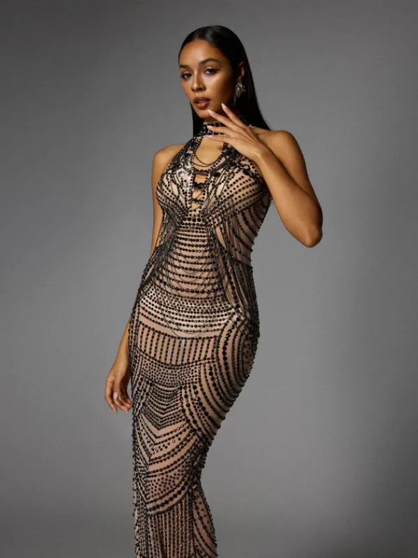 Dresses|Maxi Dresses*Jiu Bajia O/S Dyrrik Halterneck Rhinestone Chain Mesh Maxi Dress