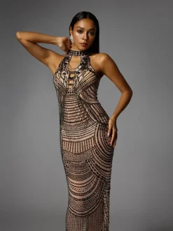 Dresses|Maxi Dresses*Jiu Bajia O/S Dyrrik Halterneck Rhinestone Chain Mesh Maxi Dress