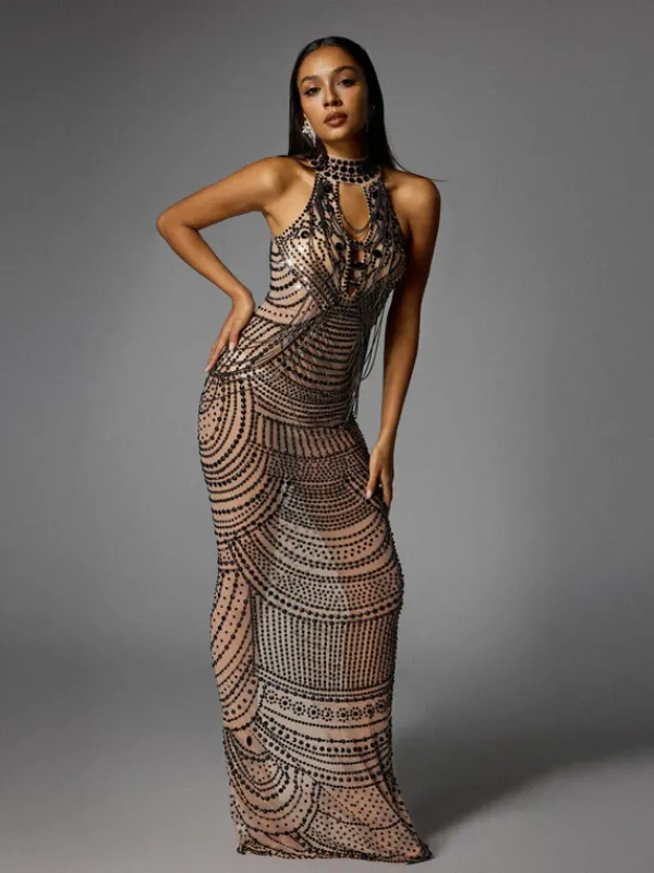 Dresses|Maxi Dresses*Jiu Bajia O/S Dyrrik Halterneck Rhinestone Chain Mesh Maxi Dress