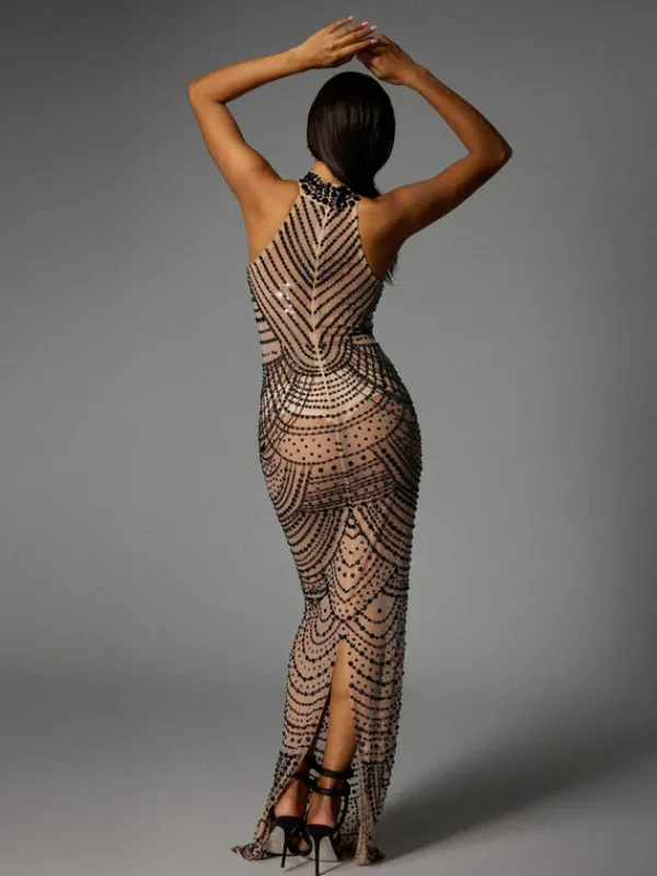 Dresses|Maxi Dresses*Jiu Bajia O/S Dyrrik Halterneck Rhinestone Chain Mesh Maxi Dress