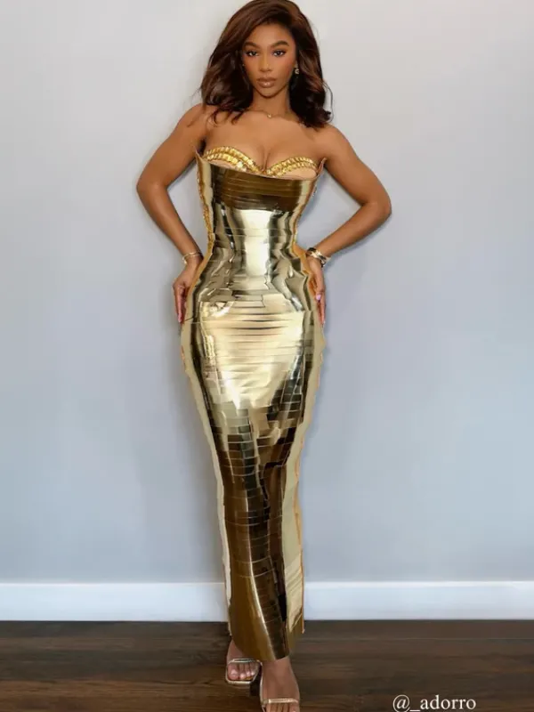 Dresses*Jiu Bajia O/S Eadward Strapless Metallic Midi Dress In Gold
