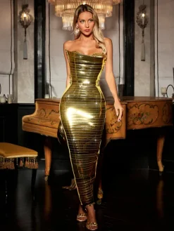 Dresses|Midi Dresses*Jiu Bajia O/S Eadward Strapless Metallic Midi Dress In Gold