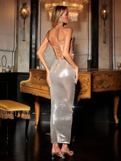 Dresses|Midi Dresses*Jiu Bajia O/S Eadward Strapless Metallic Midi Dress In Silver