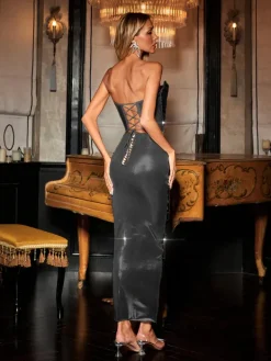 Dresses|Midi Dresses*Jiu Bajia O/S Eadward Strapless Metallic Midi Dress In Black