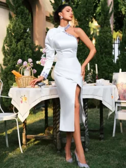 Dresses|Maxi Dresses*Mew Mews Fashion Earvin One Shoulder Crystal Satin Midi Dress