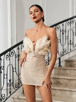 Dresses|Mini Dresses*Mew Mews Fashion Easton Strapless Feather Pearl Mini Dress