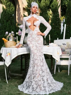 Dresses|Maxi Dresses*Mew Mews Fashion Edalene Long Slevee Flower Cutout Lace Maxi Dress