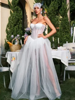 Dresses|Maxi Dresses*Mew Mews Fashion Eddard Strapless Corset Mesh Maxi Dress