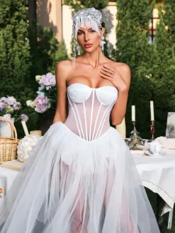 Dresses|Maxi Dresses*Mew Mews Fashion Eddard Strapless Corset Mesh Maxi Dress