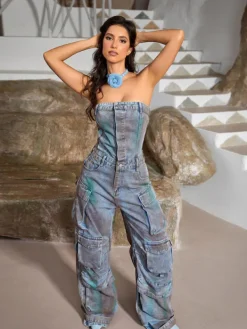Jumpsuits & Romper*Mew Mews Fashion Eden Strapless Pocket Denim Jumpsuit In Green