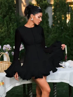 Dresses|Mini Dresses*Mew Mews Fashion Edsel Flare Sleeve Button Mini Dress In Black