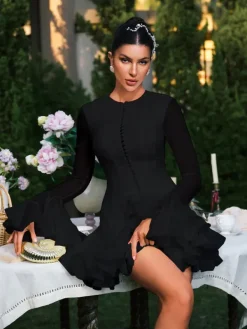 Dresses|Mini Dresses*Mew Mews Fashion Edsel Flare Sleeve Button Mini Dress In Black