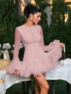 Dresses|Mini Dresses*Mew Mews Fashion Edsel Flare Sleeve Button Mini Dress In Pink