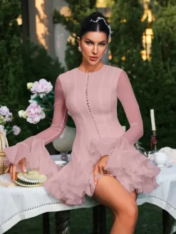 Dresses|Mini Dresses*Mew Mews Fashion Edsel Flare Sleeve Button Mini Dress In Pink