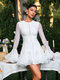 Dresses|Mini Dresses*Mew Mews Fashion Edsel Flare Sleeve Button Mini Dress In White