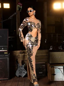 Embellishment|Dresses*Embellishment Edwina Long Sleeve Acrylic Cutout Mesh Maxi Dress