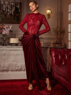 Maxi Dresses|Dresses*Mew Mews Fashion Eldrian Flower Ruched Split Lace Velvet Maxi Dress
