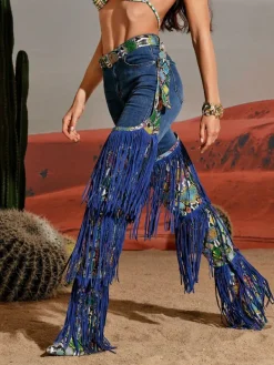 Shoes*Mew Mews Fashion Eleni Denim Fringe Printed Boots In Blue