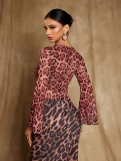 Tops*Mew Mews Fashion Elestren Flounce Sleeve Leopard Top