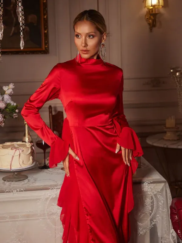 Dresses|Midi Dresses*Mew Mews Fashion Elizabegh Long Sleeve Ruffle Satin Midi Dress