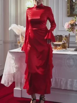 Dresses|Midi Dresses*Mew Mews Fashion Elizabegh Long Sleeve Ruffle Satin Midi Dress