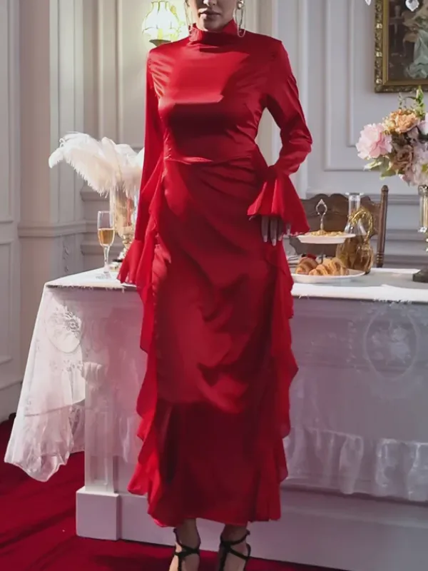 Dresses|Midi Dresses*Mew Mews Fashion Elizabegh Long Sleeve Ruffle Satin Midi Dress