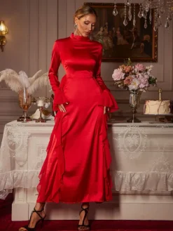 Dresses|Midi Dresses*Mew Mews Fashion Elizabegh Long Sleeve Ruffle Satin Midi Dress
